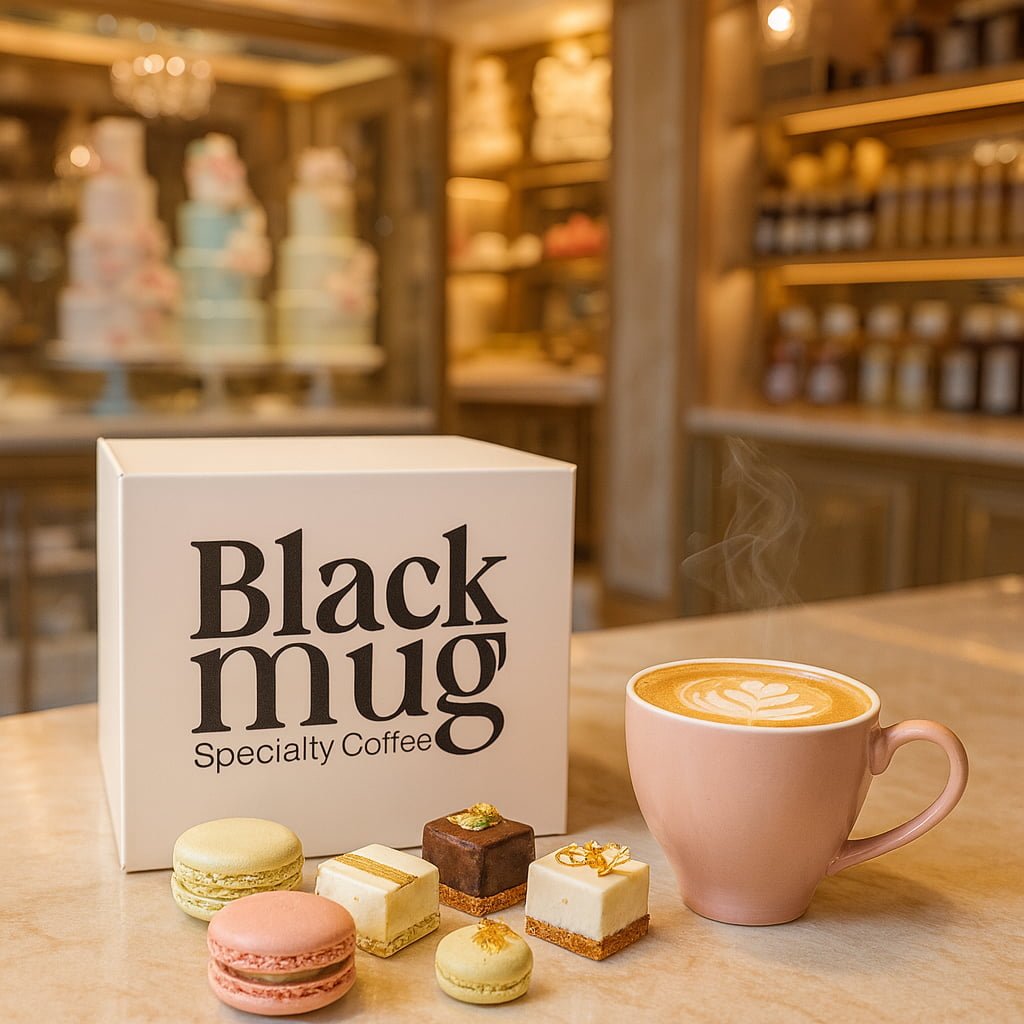 Caja cúbica blanca personalizada con logotipo impreso en negro para una cafetería de especialidad.