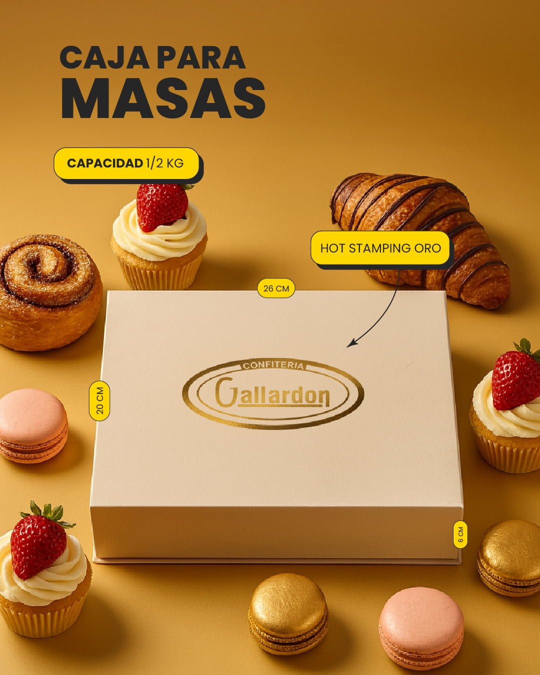 Caja para masas de 26 x 20 x 6 cm con capacidad para medio kilo y logo en hot stamping dorado.