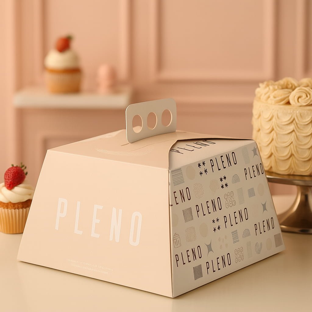 Caja pirámide personalizada en tono beige, con patrón impreso y logotipo de la marca.