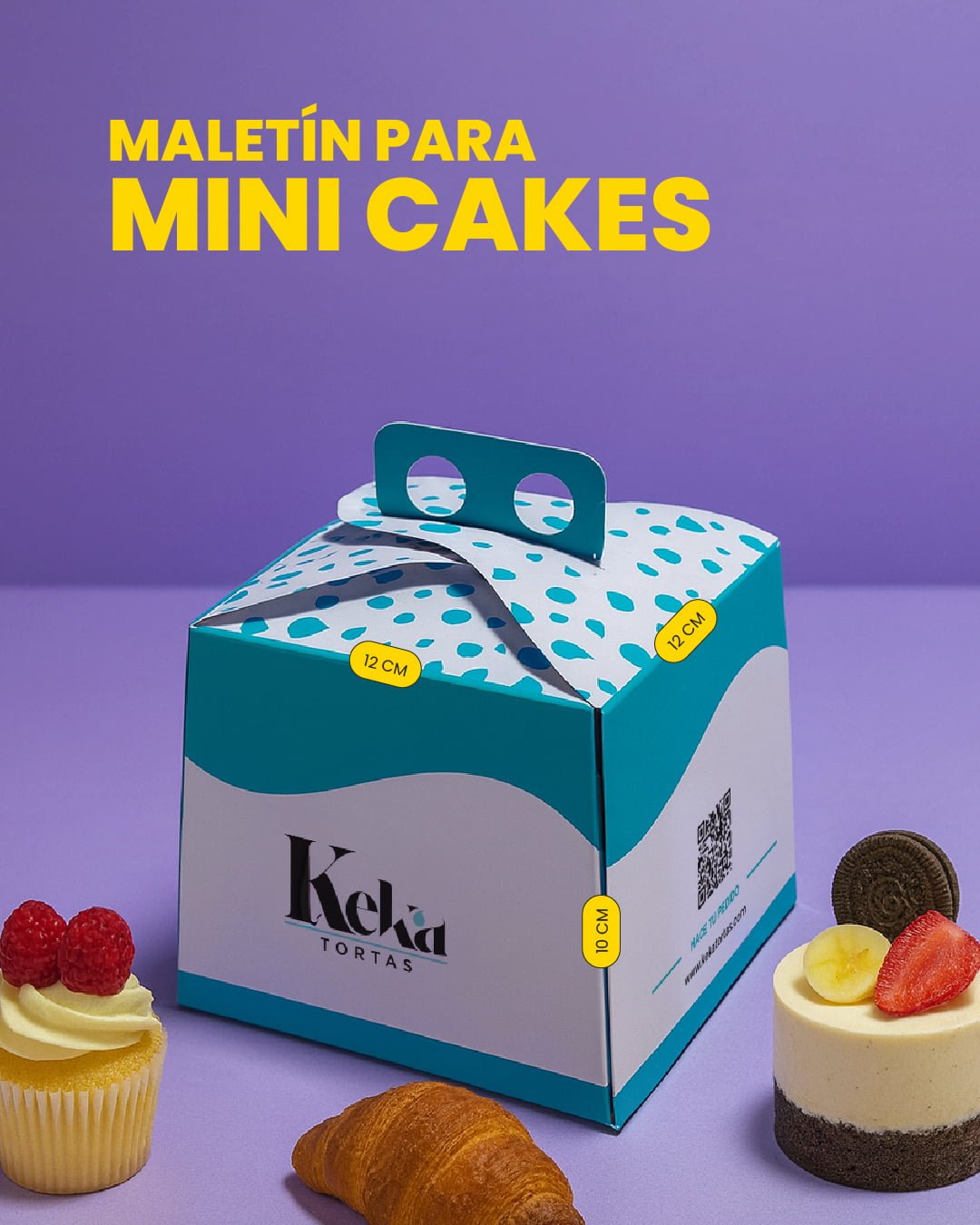 Maletín para mini cakes de 12 x 12 x 10 cm, personalizado a dos colores y con código QR impreso.