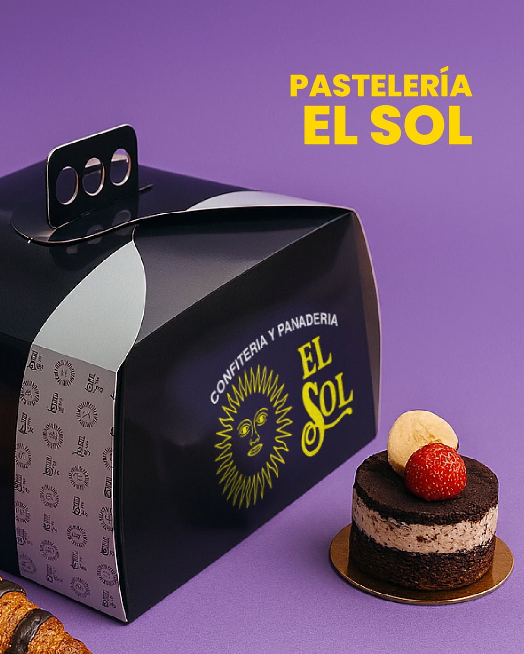 Maletín para tortas personalizado en negro, con el logo de Pastelería El Sol impreso en amarillo.